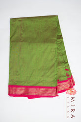 Olive Green with Pink border silk cotton - MIRASILKS Olive Green with Pink border silk cotton